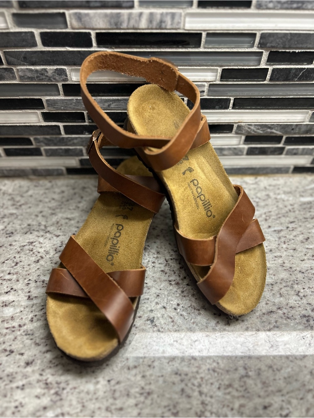 Birkenstock Papillio Women's Brown Leather Ankle Strap wedge Sandals size 6(37)